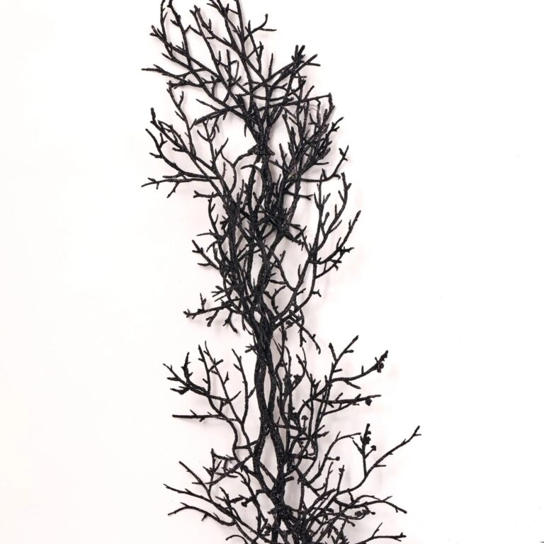 Close-up of greenery along the garland on this Black Glitter Twig Branch Halloween Fall Mantle