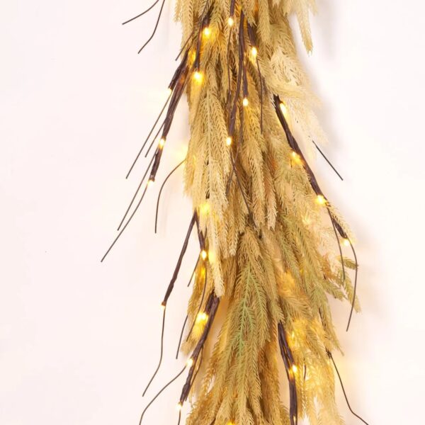 Close-up of greenery along the garland on this Pre - Lit Dried Christmas Mantle Garland
