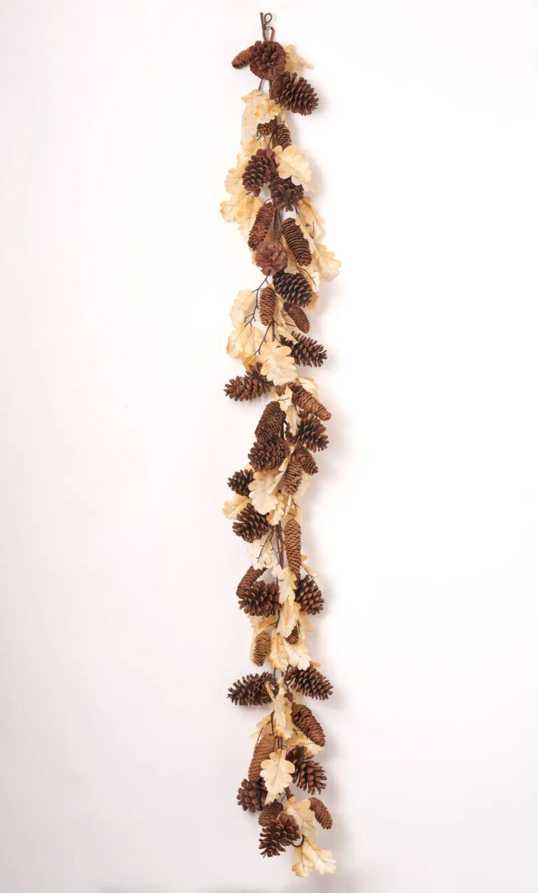 Close-up of greenery along the garland on this Beige Oak Leaf Pinecone Fall Fall Mantle