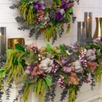 Close-up of greenery along the garland on this Witches Brew - Purple Pumpkin, Fall Mantle