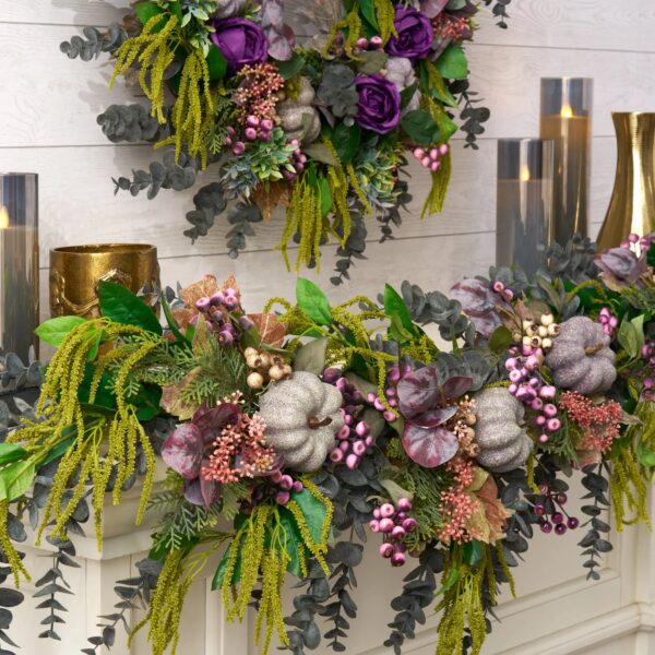 Close-up of greenery along the garland on this Witches Brew - Purple Pumpkin, Fall Mantle
