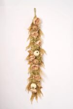 Alternate angle of the Pumpkin Meadow Beige Norfolk Pine, Fall Mantle Garland showing full length