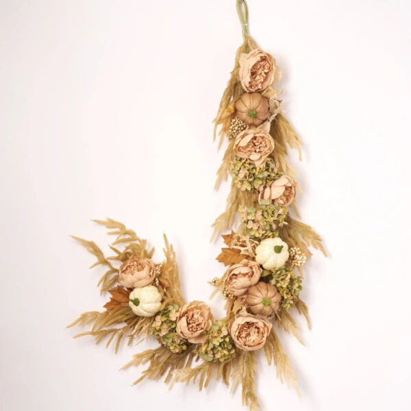 Pumpkin Meadow Beige Norfolk Pine, Peony, Green Hydrangea Fall Mantle Garland Thanksgiving Table Runner