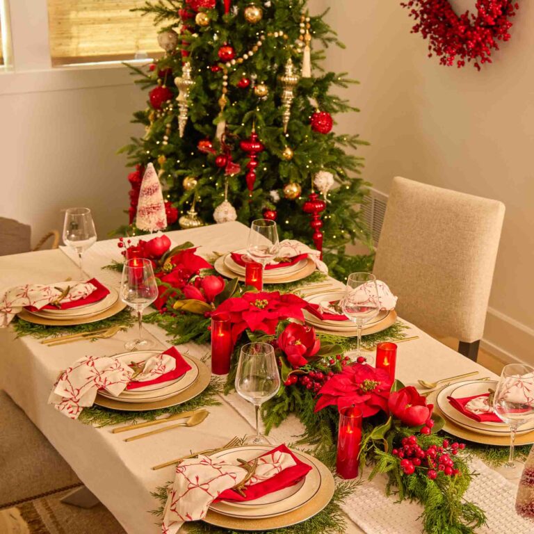 Real Touch Mixed Winter Greenery, Red Magnolia, Poinsettia Christmas Centerpiece Garland Table Runner