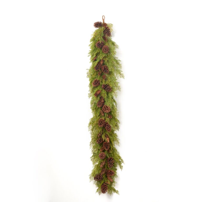 Close-up of greenery along the garland on this Lifelike Winter Cedar Greenery Holiday Christmas Garland