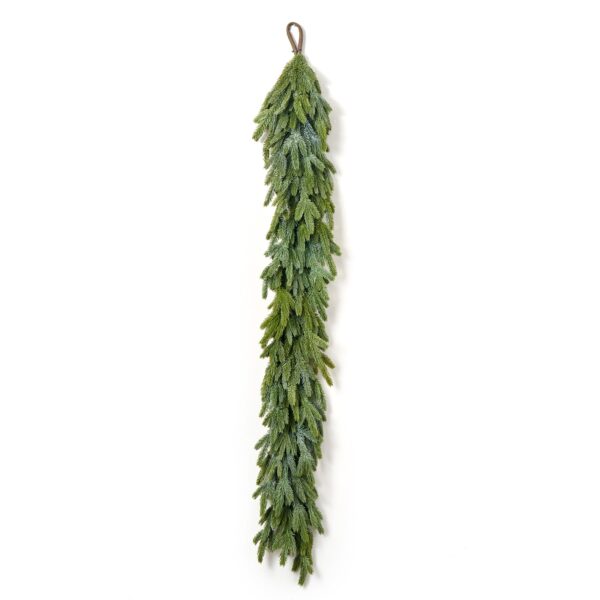 Close-up of greenery along the garland on this Real Touch Wintergreen Fraser Fir Mantle Doorway