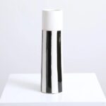 Alternate angle of the Black and White Striped Ceramic Large Vase showing bloom arrangement in