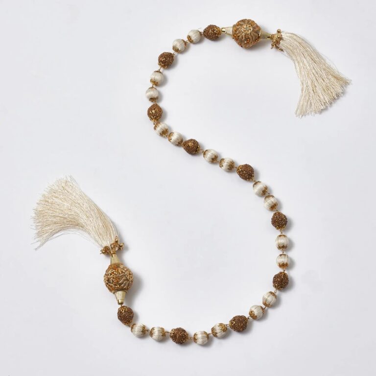 Ivory and Gold Beaded Ball Tassel Christmas Ornament Hanging Trim Garland