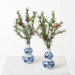 Classic Winter Pine and Faux Pinecone Mini Arrangement White Chinoiserie Vase Decorative Tabletop Décor