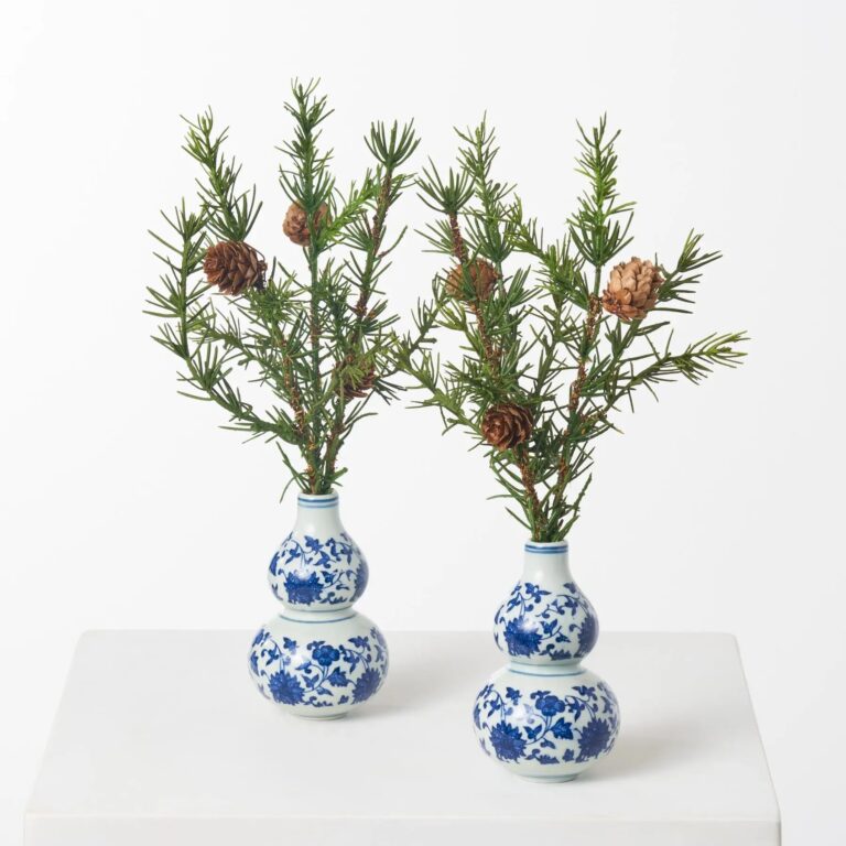 Classic Winter Pine and Faux Pinecone Mini Arrangement White Chinoiserie Vase Decorative Tabletop Décor