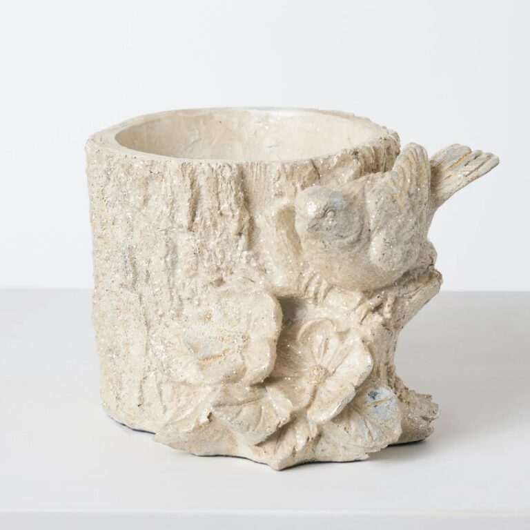 Cream Perched Bird and Flower Vessel Decorative Glitter Ceramic Pot Holder - Cream, artificial plant