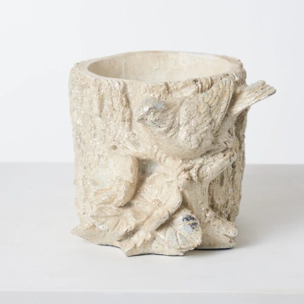 Close-up of leaf foliage texture on this Cream Perched Bird and Flower Vessel Decorative Glitter