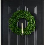 The Natural Preserved Green Boxwood Wreath with Velvet Ribbon shown in full, highlighting full wreath