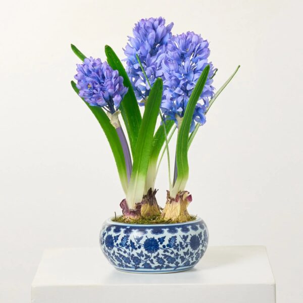 Violet Blue Hyacinth Bulbs Artificial Indoor Houseplant in Blue and White Chinoiserie Piot, flower arrangement