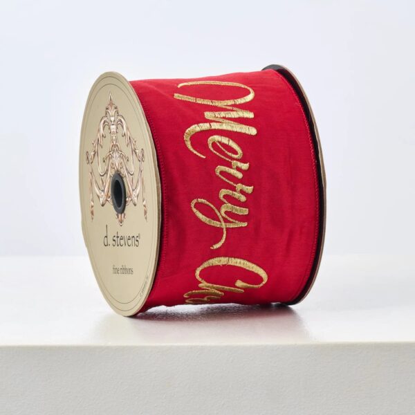 D. Stevens Red and Gold Dupion Merry Christmas Embroidered Wired Ribbon Spool - Red and