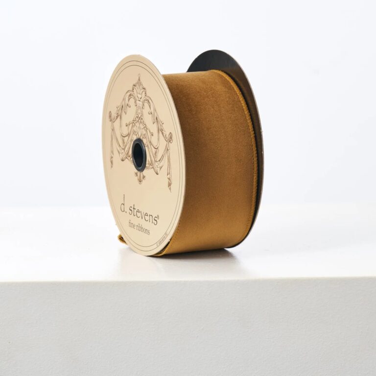 Close-up of blooms and berries on this D. Stevens Golden Brown Taffeta Lined Ribbon Spool