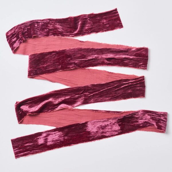 Close-up of blooms and berries on this Aubergine Purple Raw Edge Frayed Frayed Velvet Ribbon