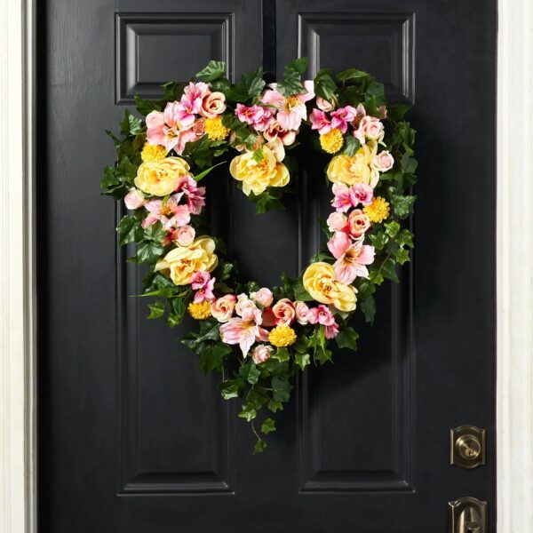 Heart Throb - Yellow Peony and Pink Ombre Rose Valentine's Day Wreath - Pink Yellow