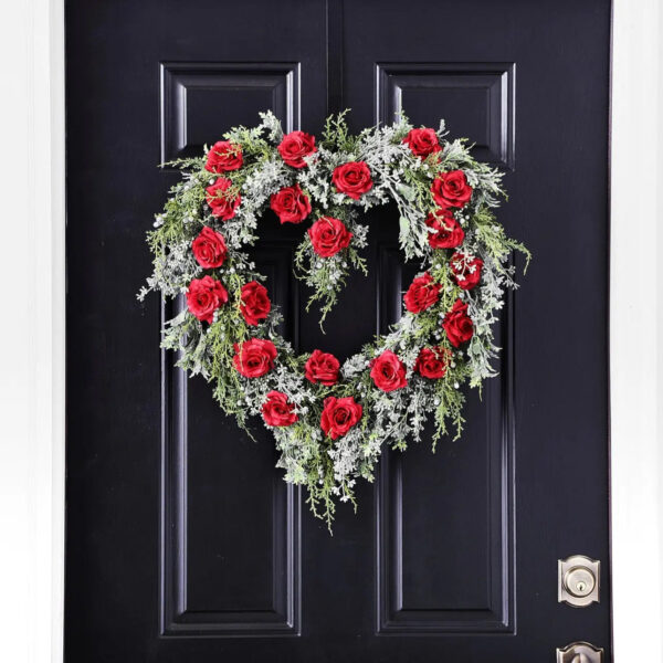 Winter's Romance Red Rose, Juniper, Eucalyptus and Dusty Miller Heart Valentine Wreath