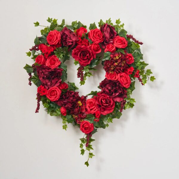 50 Shades of Red - Red Rose, Hydrangea and Cherry Blossom Valentine's Heart Wreath