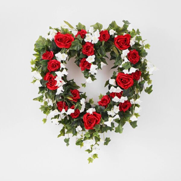 Red Rose, White Bellflower and Ivy Valentine's Day Heart Wreath