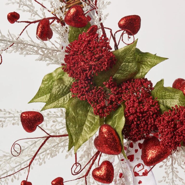 Close-up of blooms and berries on this Sparkling Love Affair - Red Valentines Day Wreath