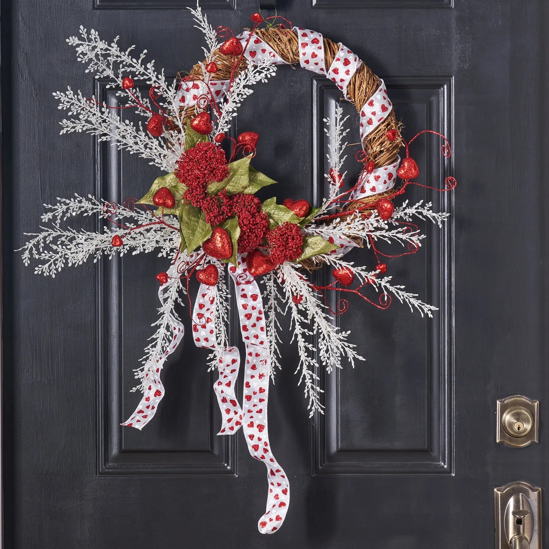 HW1048SparklingLoveAffair-RedGlitter_GildedHollyLeafWinterValentines_1.jpg Sparkling Love Affair - Red Glitter and Gilded Holly Leaf Winter Valentines Day Wreath
