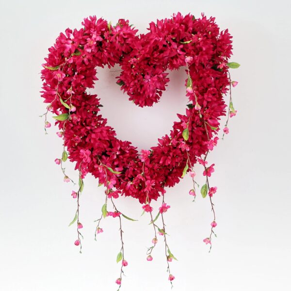 Close-up of blooms and berries on this Pink Passion - Fuchsia Dahlia Day Heart Wreath