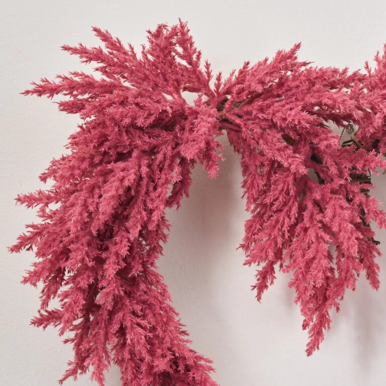 Close-up of blooms and berries on this Rose Pampas of the Heart Grass Heart Wreath
