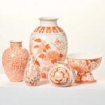 Detail view of planter detail from the Coral Orange and White Hand Painted Chinoiserie Ceramic