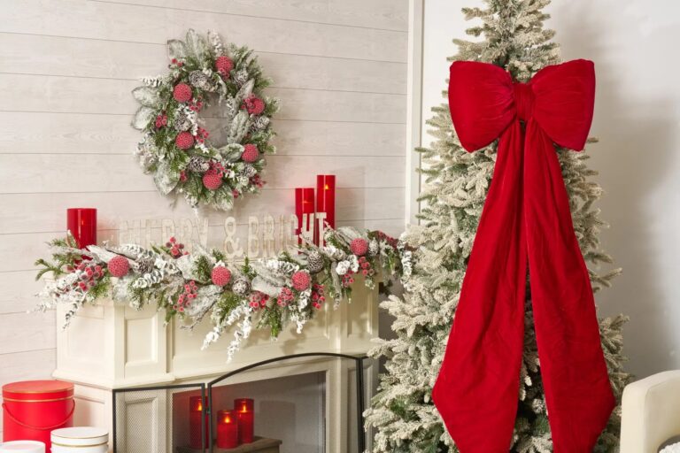 Close-up of blooms and berries on this Extra Large Red Velvet Puffed Holiday Christmas Bow