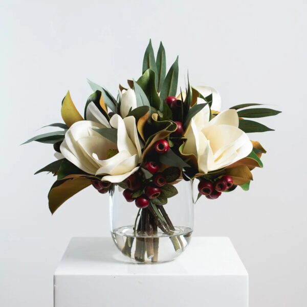 Holiday White Magnolia, Red Crabapple and Needle Leaf Eucalyptus Glass Vase