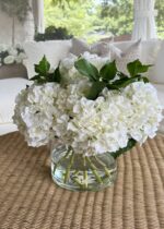The Faux Talc White Hydrangea Arrangement - 12 inch shown in full, highlighting bloom cluster