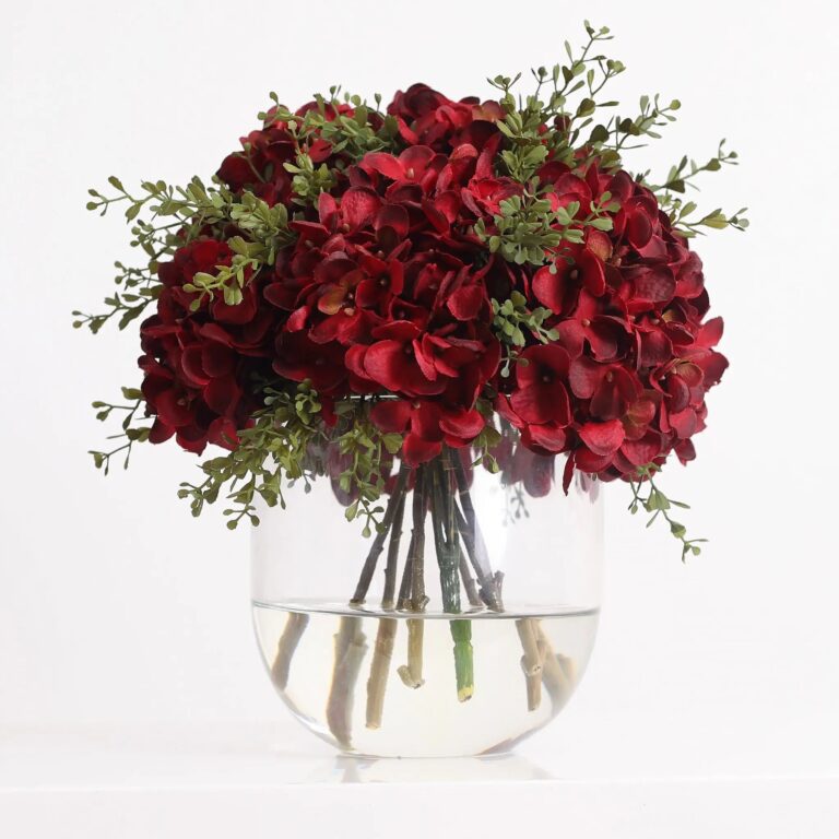 Burgundy Hydrangea and Boxwood Everyday Fall Floral Arrangement Centerpiece in Rounded Glass Vase - Burgundy