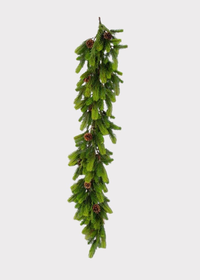 Close-up of greenery along the garland on this Real Touch Pine Winter Greens Winter Greens