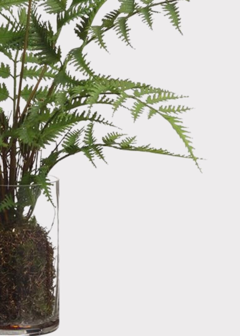 Close-up of leaf foliage texture on this Fake Forest Fern Plant Arrangement Glass Vase
