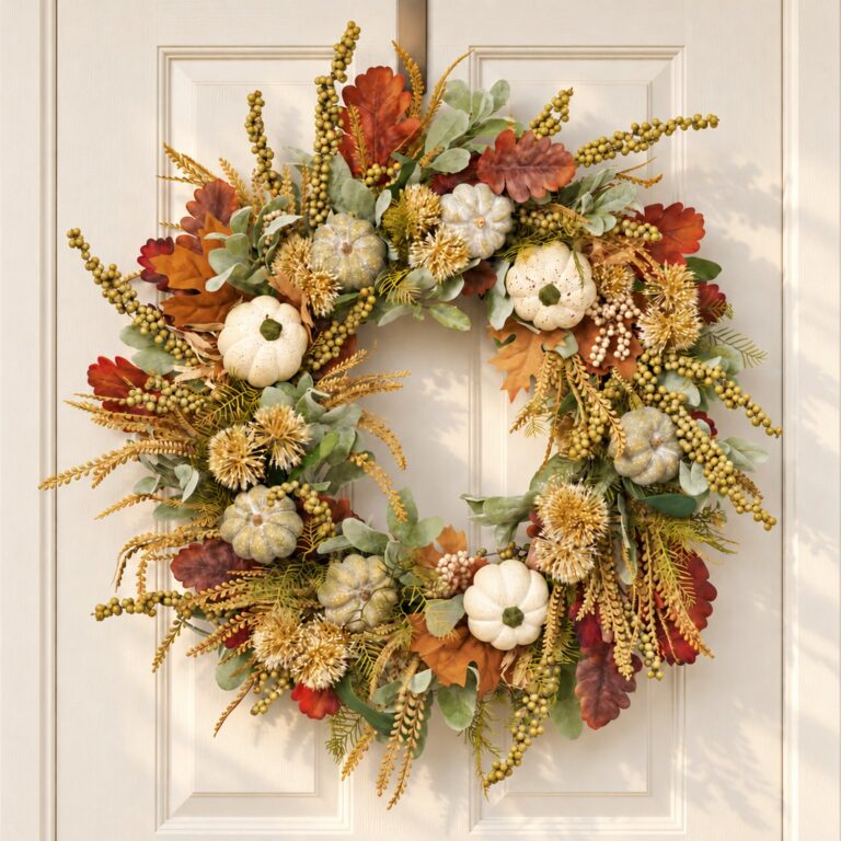 Lamb's Ear, Oak Leaf, Mixed Pumpkin and Berry Front Door Fall Front Door Wreath