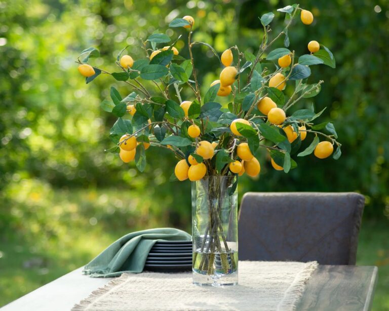 Close-up of leaf foliage texture on this Meyer Lemon Tree Branches Tall Glass Vase