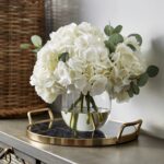 Large White Hydrangea and Eucalyptus Water Illusion Centerpiece Arrangement in Rounded Glass Vase