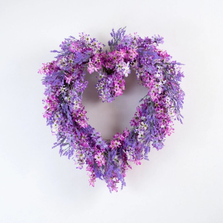 Lavender and Lilac Spring Summer Faux Floral Front Door Heart Wreath 20 inch - Purple