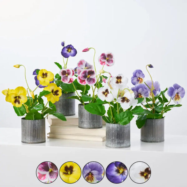 Lifelike Pansy Faux Floral Arrangement Houseplant in Galvanized Metal Tin - 5 Colors
