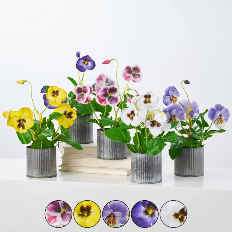 Lifelike Pansy Faux Floral Arrangement Houseplant in Galvanized Metal Tin - 5 Colors
