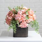 Alternate angle of the Light Pink Hydrangea and Mixed Tin Window Planter showing full plant
