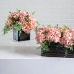 Close-up of leaf foliage texture on this Light Pink Hydrangea and Mixed Tin Window Planter