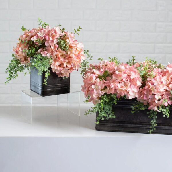 Close-up of leaf foliage texture on this Light Pink Hydrangea and Mixed Tin Window Planter