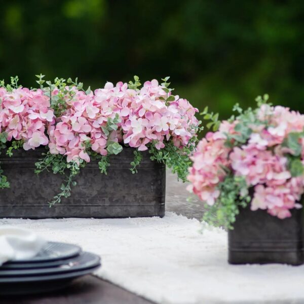 Light Pink Hydrangea and Mixed Eucalyptus Everyday Floral Arrangement Tin Window Planter Box - 3