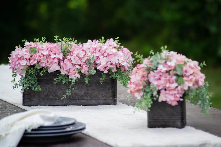 Light Pink Hydrangea and Mixed Eucalyptus Everyday Floral Arrangement Tin Window Planter Box - 3
