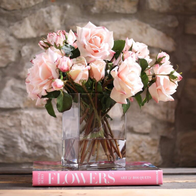 Close-up of vase silhouette detail on this Blush Pink Real Touch Rose Glass Rectangle Vase