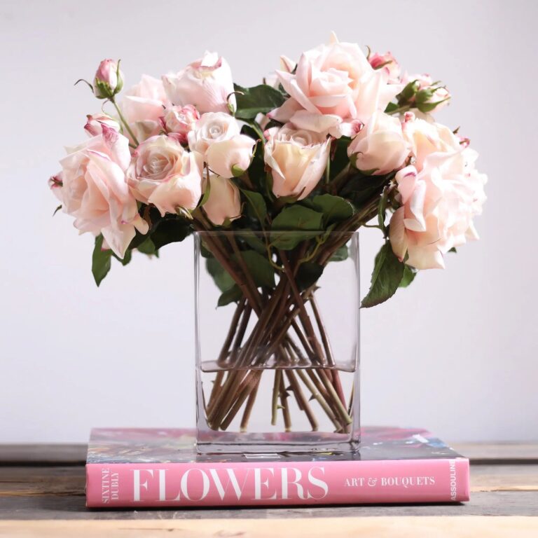 Blush Pink Real Touch Rose and Buds Floral Arrangement Glass Rectangle Vase - Default Title