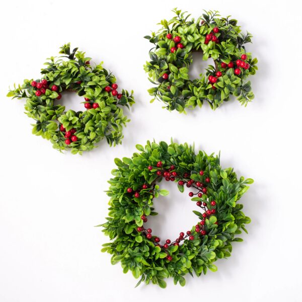 Holiday Boxwood and Red Berry Mini Wreath Candle Ring Centerpiece